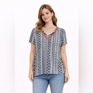 THML blue Aztec print embroidered neckline multicolor top size L